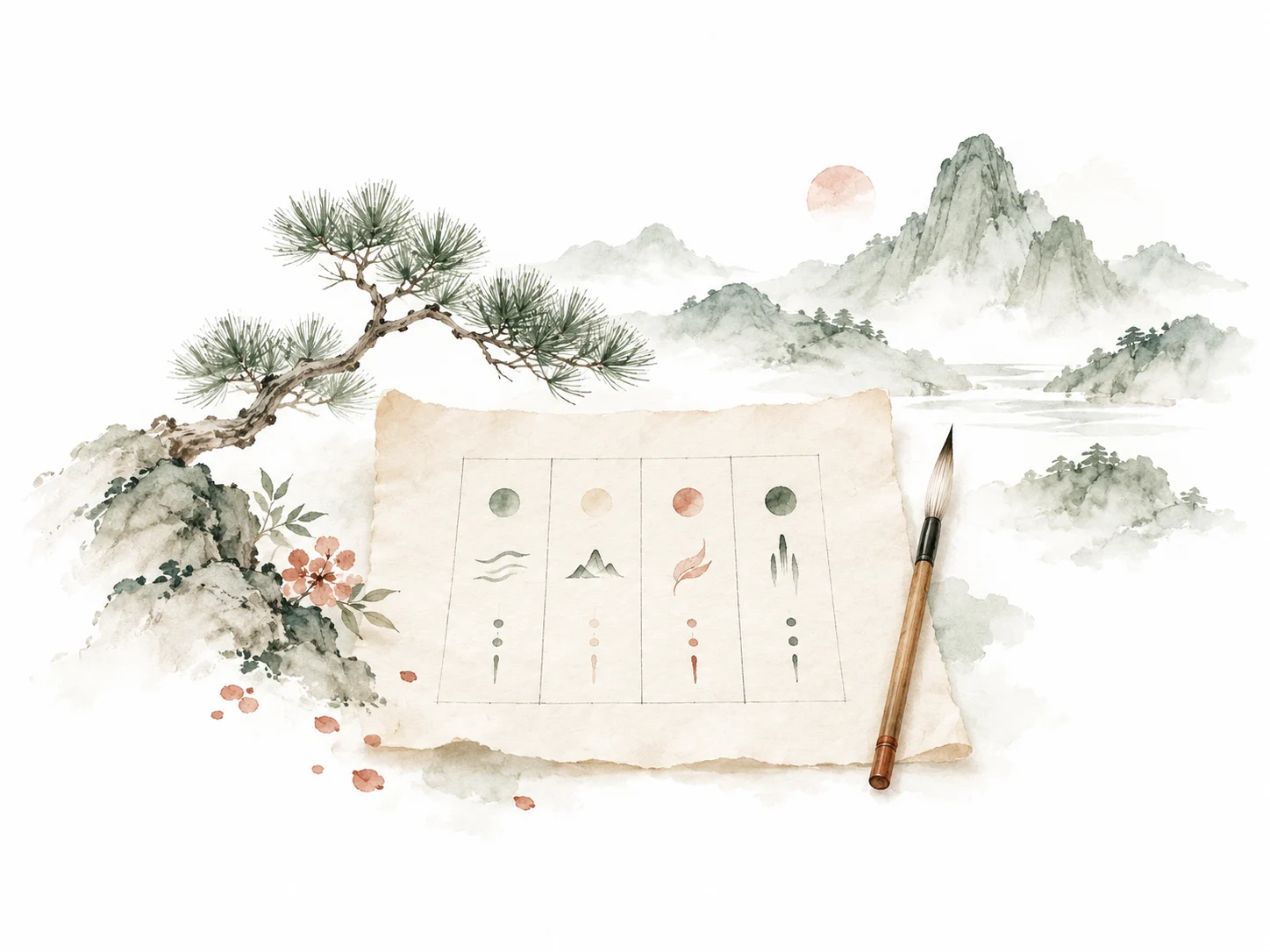 Aquarell: Geburtskarte, Pinsel und Berglandschaft
