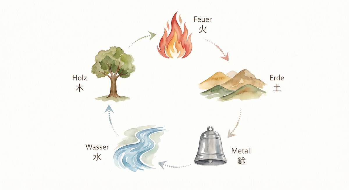 Die fünf Elemente im BaZi — Holz Feuer Erde Metall Wasser im Kreislauf
