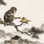 Chinesisches Sternzeichen Affe — traditionelle Tuschmalerei mit klugem Affen auf einem Kiefernast über nebligen Bergen