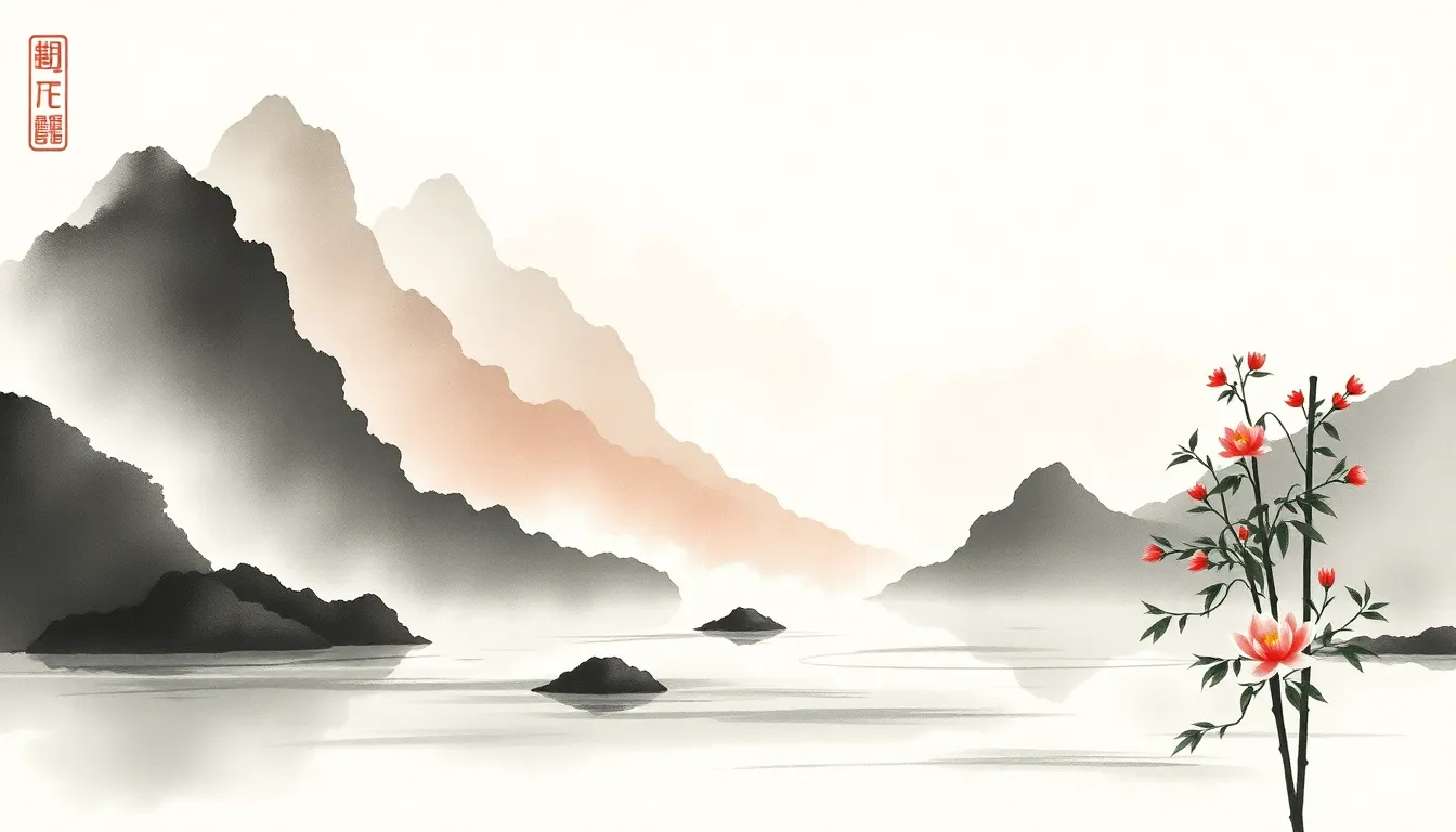 Chinesische Tuschelandschaft mit Bergen am Wasser