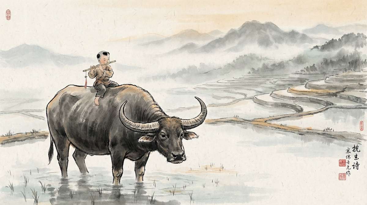 Chinesisches Sternzeichen Büffel — traditionelle Tuschmalerei mit Wasserbüffel im Reisfeld bei Morgendämmerung