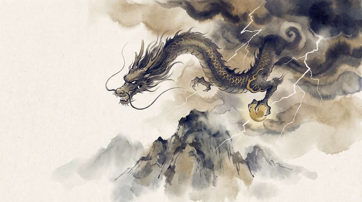 Chinesisches Sternzeichen Drache — traditionelle Tuschmalerei mit chinesischem Drachen über Wolken und Bergen