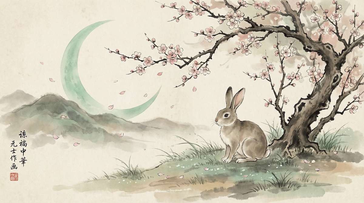 Chinesisches Sternzeichen Hase — traditionelle Tuschmalerei mit Hase unter Pflaumenblüten bei Mondlicht