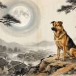 Chinesisches Sternzeichen Hund — traditionelle Tuschmalerei mit wachsamem Hund auf einem Hügel im Mondlicht