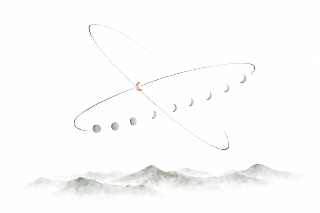 Mondbahn kreuzt die Sonnenbahn — Mondknoten Rahu und Mondphasen als Aquarell