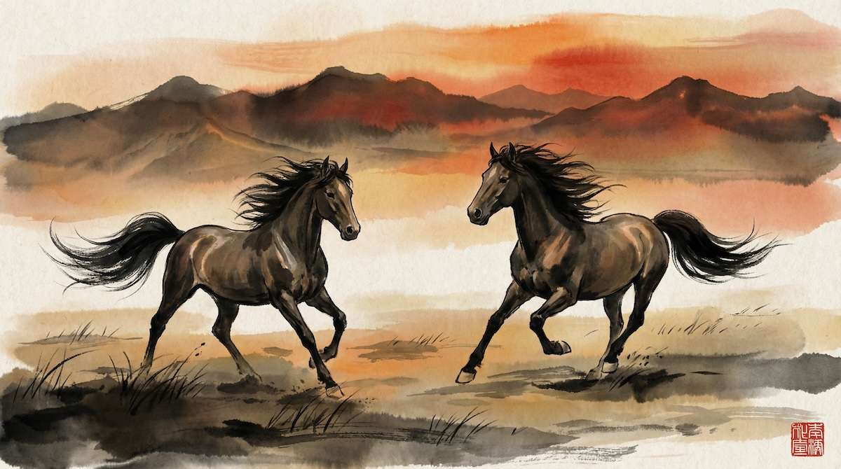 Chinesisches Sternzeichen Pferd — traditionelle Tuschmalerei mit galoppierendem Pferd in der Steppe bei Sonnenuntergang