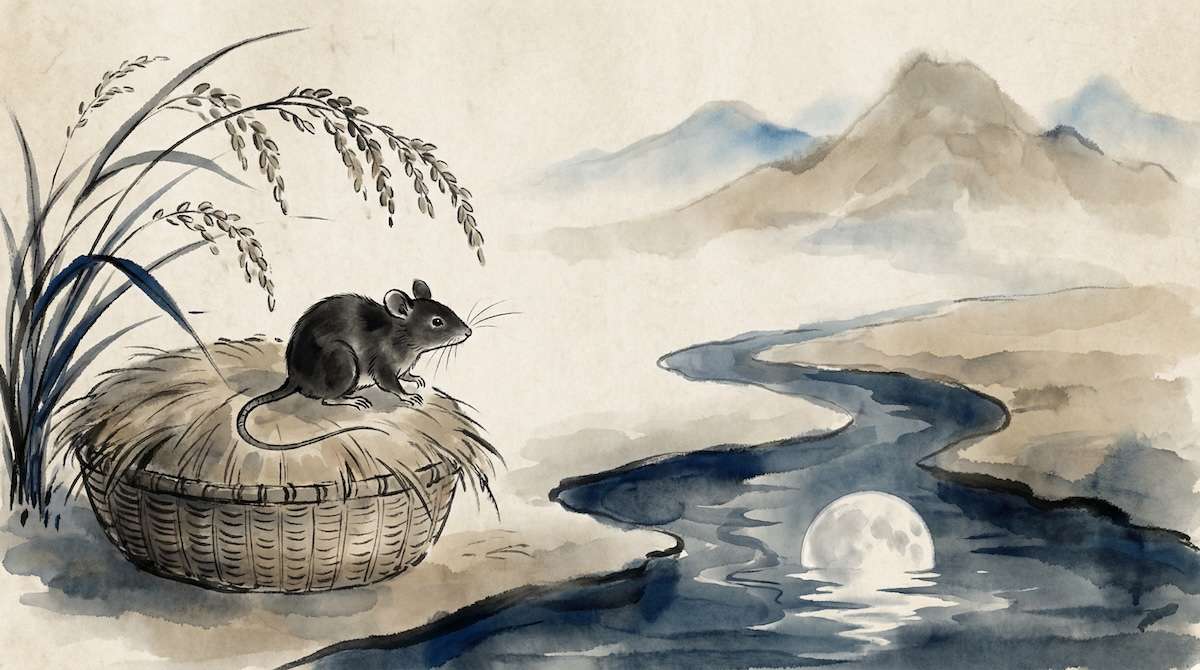 Chinesisches Sternzeichen Ratte — traditionelle Tuschmalerei mit Ratte am Fluss bei Mondlicht