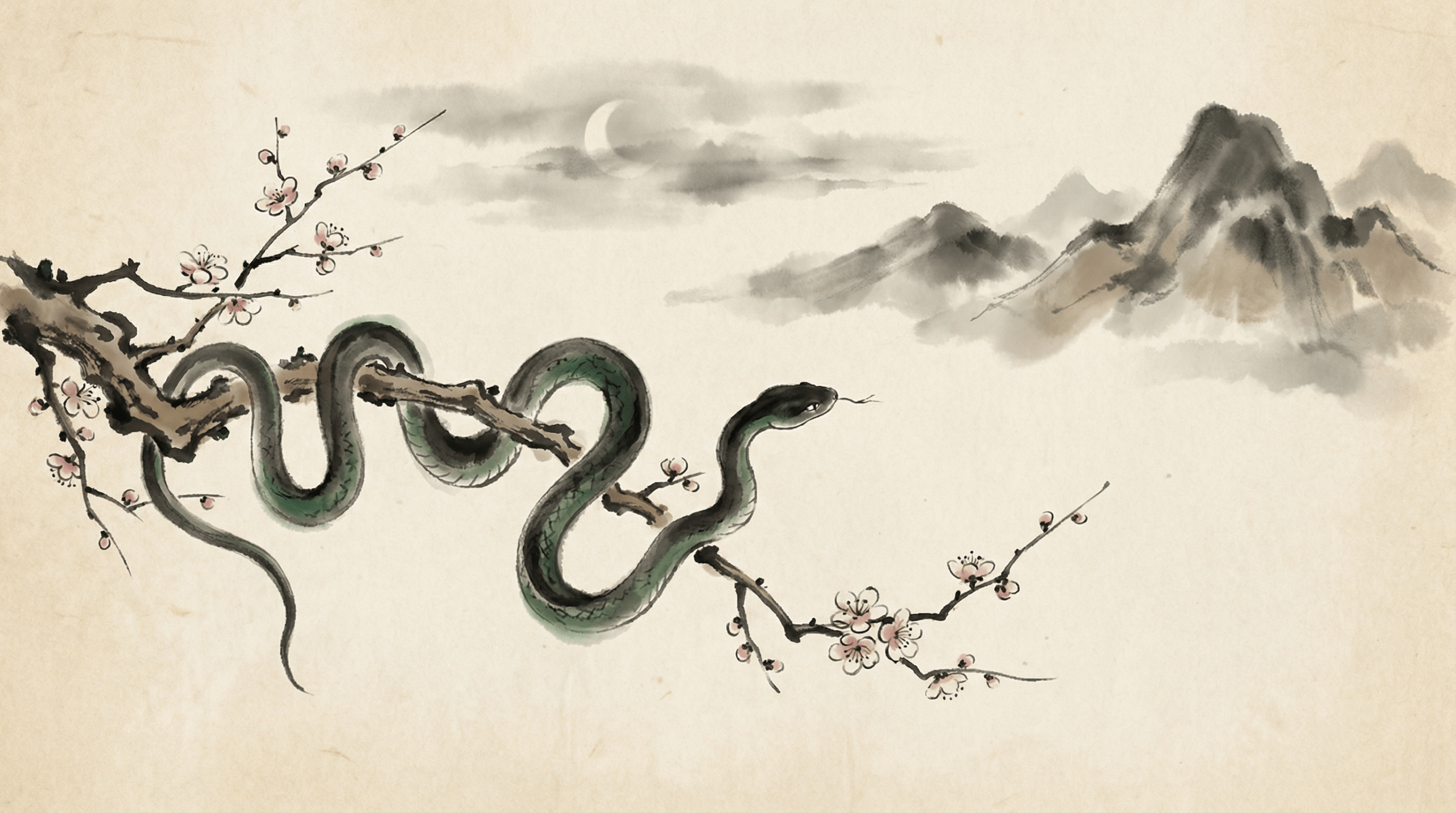 Chinesisches Sternzeichen Schlange — traditionelle Tuschmalerei mit Schlange auf Pflaumenblütenzweig