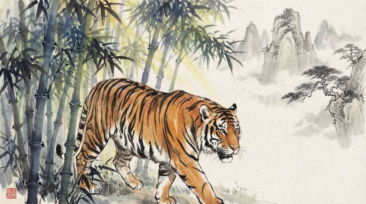 Chinesisches Sternzeichen Tiger — traditionelle Tuschmalerei mit Tiger im Bambuswald