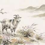 Chinesisches Sternzeichen Ziege — traditionelle Tuschmalerei mit sanfter Ziege auf blühender Bergwiese