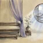 Feng Shui Schlafzimmer — ruhige Schlafzimmer-Szene im chinesischen Tuschmalerei-Stil