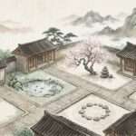 Feng Shui Bagua — die fünf Elemente in harmonischer Anordnung, chinesischer Tuschmalerei-Stil