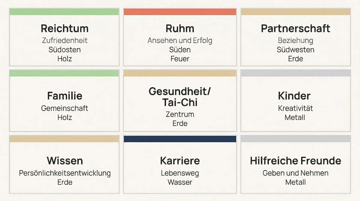Feng Shui Bagua Karte — 9 Zonen mit Lebensbereichen, Elementen und Farben