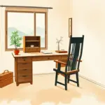 Feng Shui Büro — Arbeitsplatz mit Holzschreibtisch und Naturlicht im chinesischen Tuschmalerei-Stil