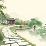 Feng Shui Garten — harmonischer Garten mit geschwungenem Weg und Wasser im chinesischen Tuschmalerei-Stil