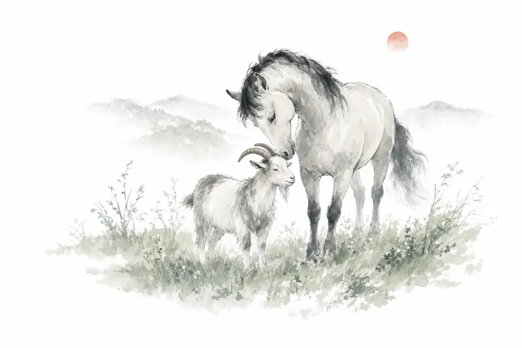 Pferd und Ziege als Partnerzeichen im chinesischen Horoskop 2027, Aquarell