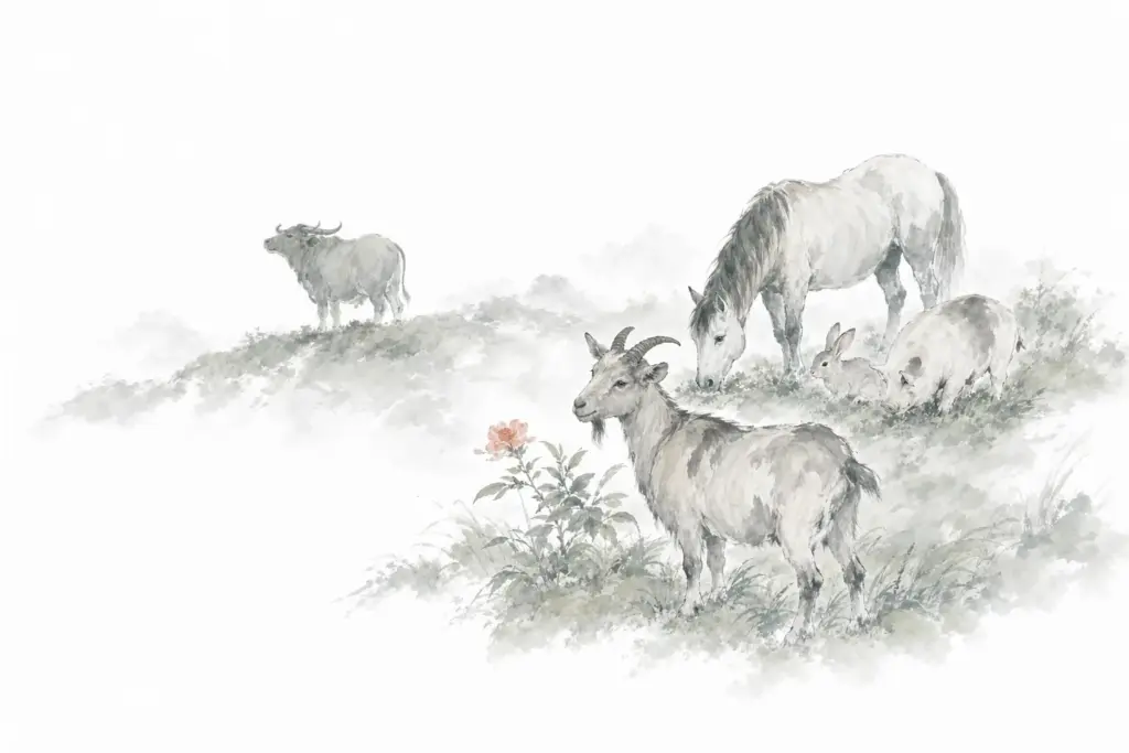 Chinesisches Horoskop 2027 Übersicht — Tierkreis mit Ziege, Büffel, Pferd, Hase und Schwein