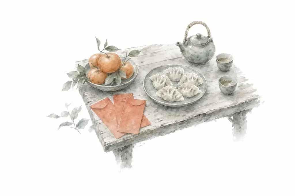 Chinesisches Neujahr Bräuche — rote Umschläge, Mandarinen und Teigtaschen auf dem Tisch