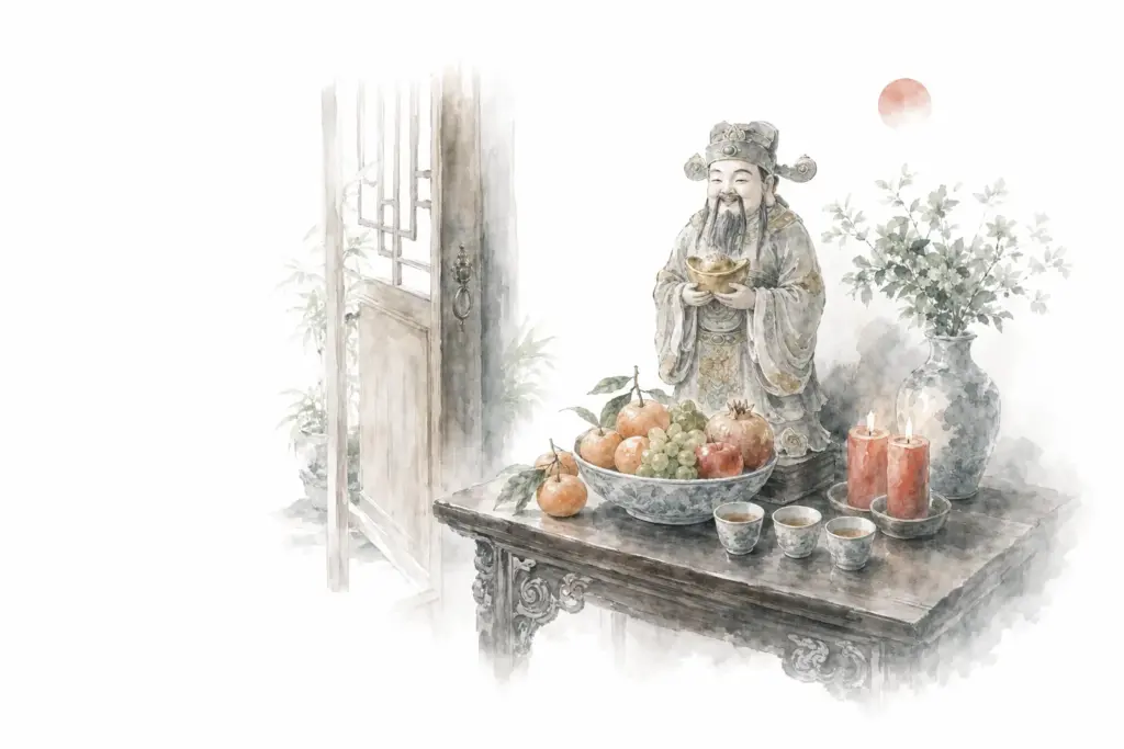 Gott des Reichtums Cai Shen empfangen — Hausaltar mit Obst, Tee und roten Kerzen