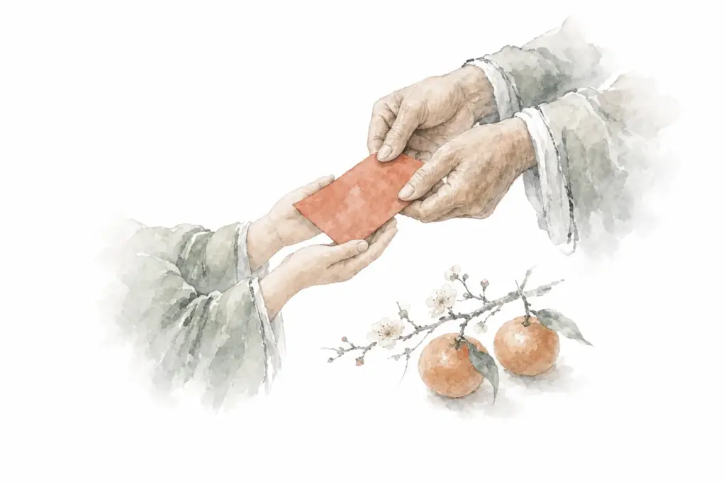 Rote Umschläge zum chinesischen Neujahr — Hongbao wird von älteren Händen an ein Kind weitergegeben