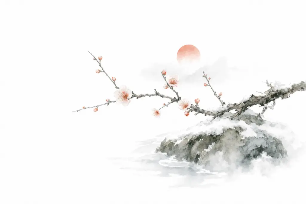 Li Chun 2027 — Frühlingsbeginn mit Pflaumenblüten im Schnee als Aquarell