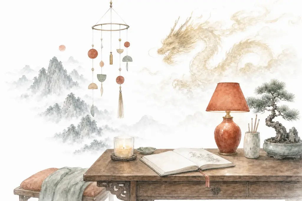 Feng Shui 2027 Helfer — Südost-Ecke mit roter Lampe und Gesegnetem Drachen als Aquarell