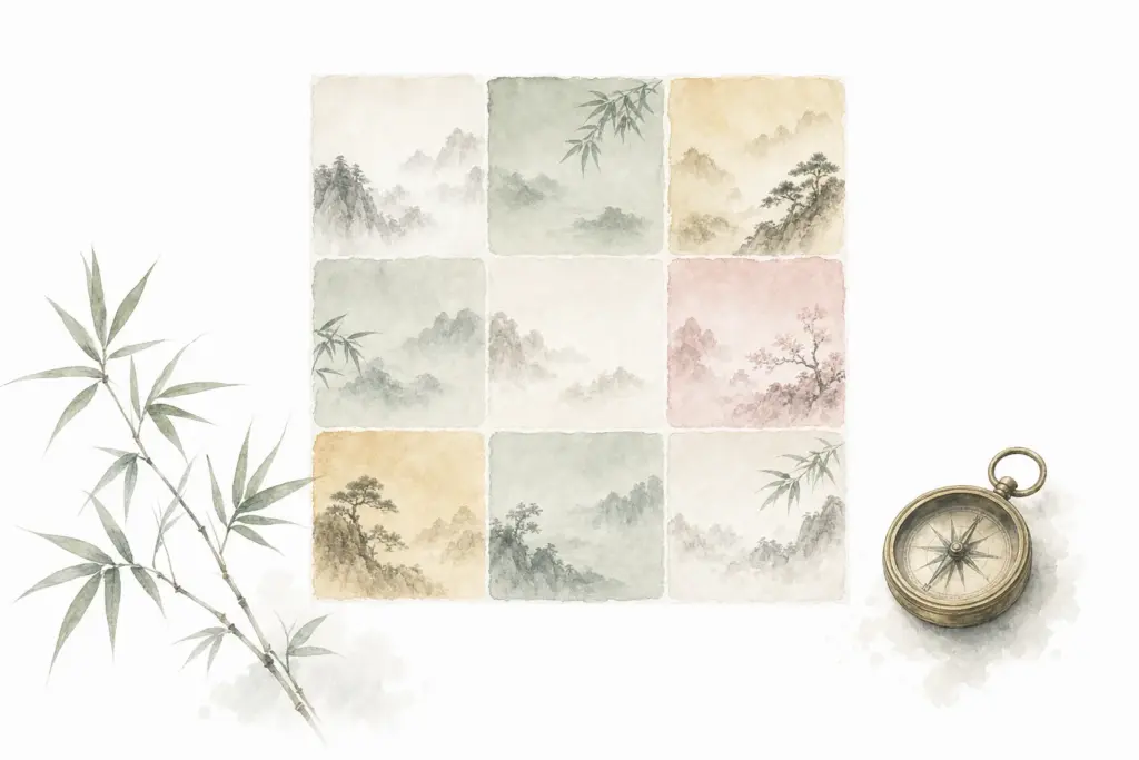Fliegende Sterne 2027 — Lo-Shu-Quadrat mit neun Feldern als Aquarell