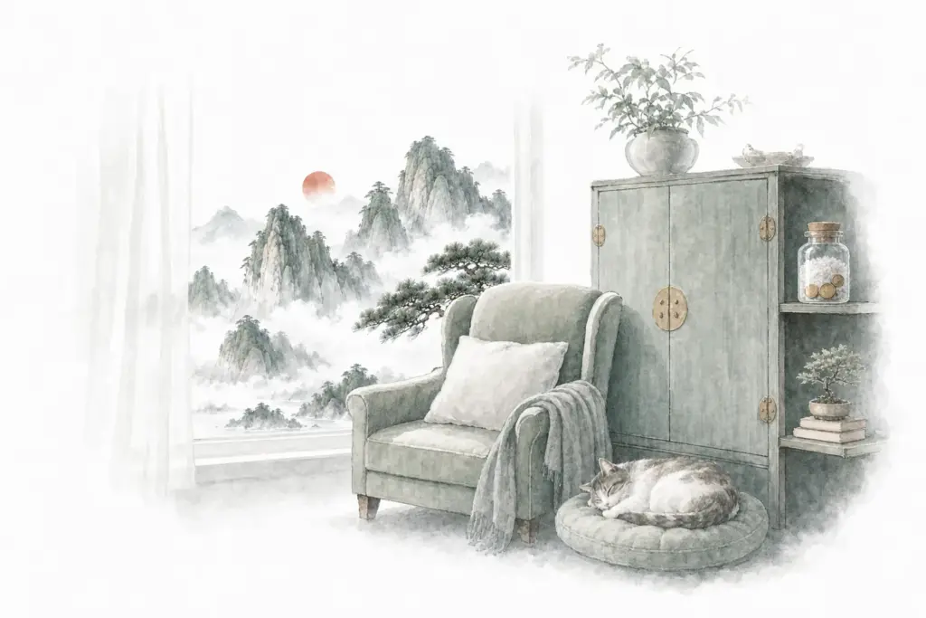 Feng Shui 2027 Ruhezone — stille Ecke mit Salz-Wasser-Kur, weißes Aquarell