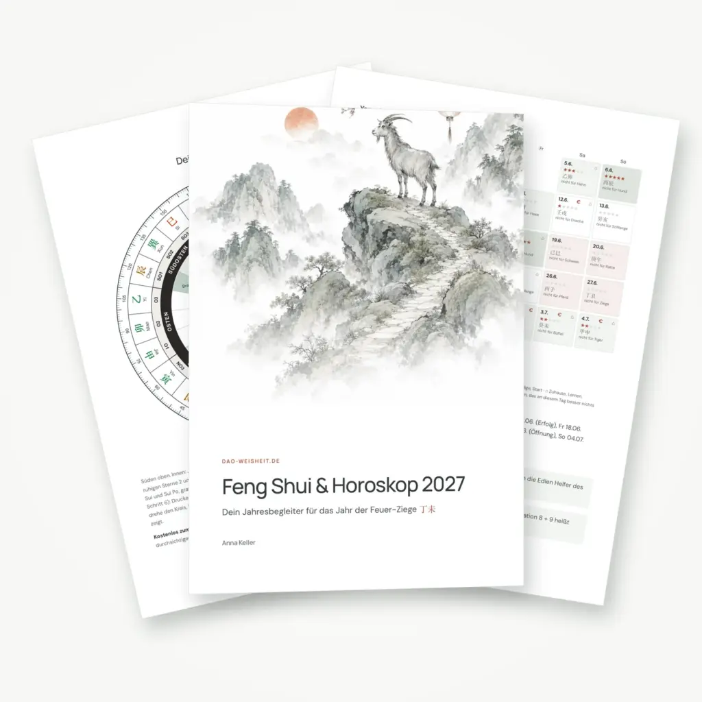 Feng Shui und Horoskop 2027 Jahresbegleiter als PDF — Titelseite mit Luopan und Monatskalender